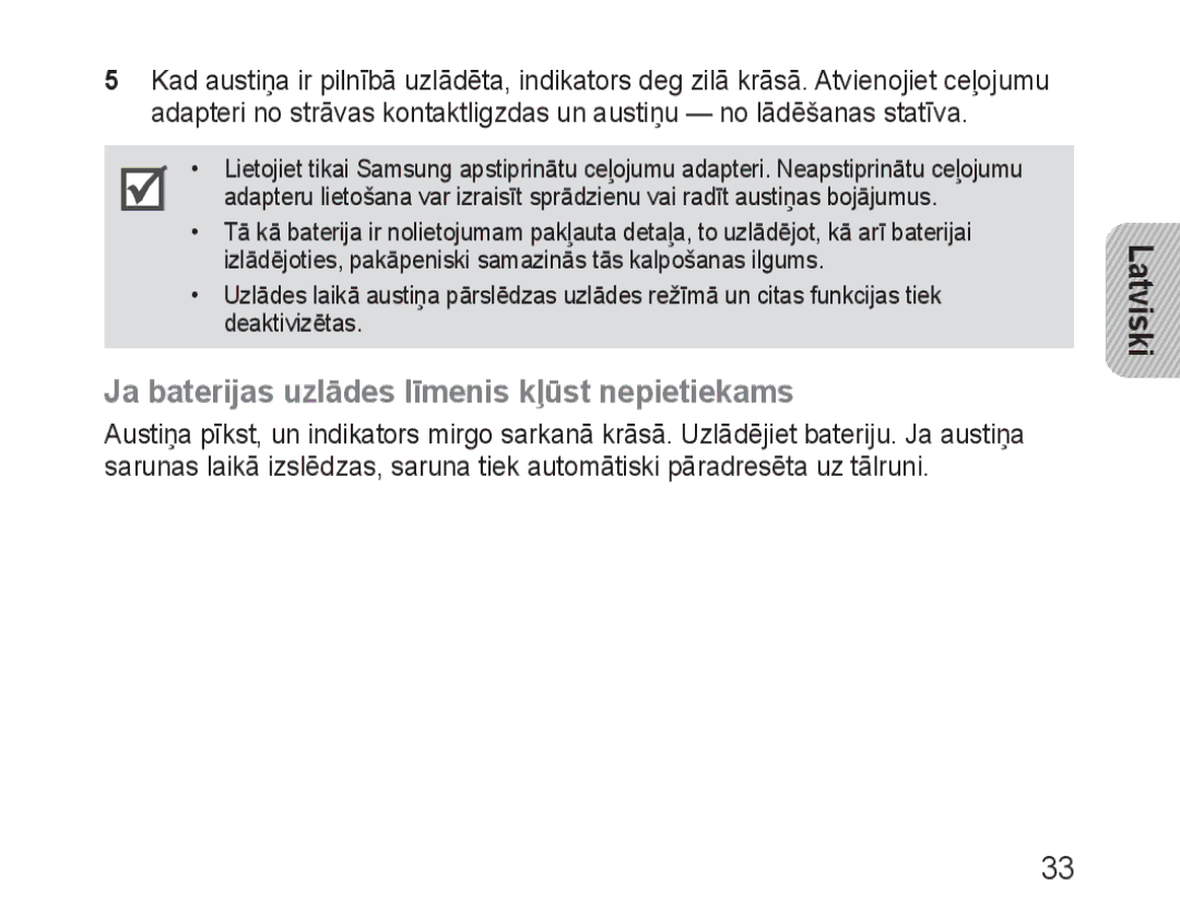 Samsung BHM3100EBECSER manual Ja baterijas uzlādes līmenis kļūst nepietiekams 