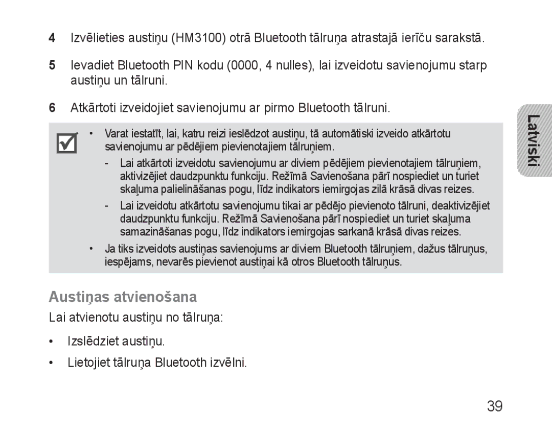 Samsung BHM3100EBECSER manual Austiņas atvienošana 