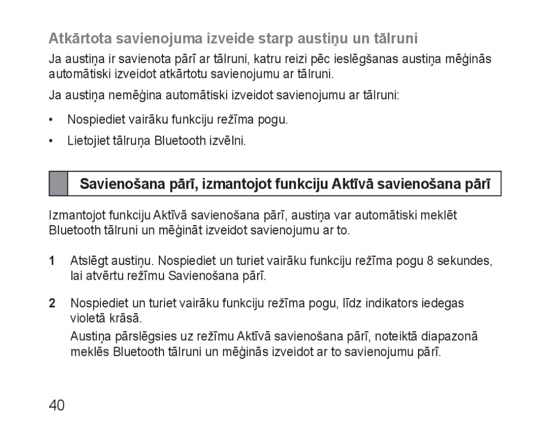 Samsung BHM3100EBECSER manual Atkārtota savienojuma izveide starp austiņu un tālruni 