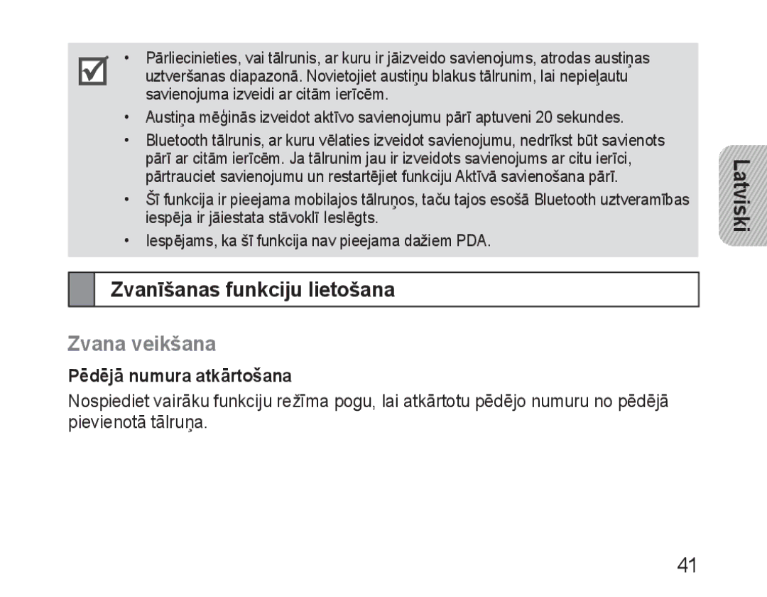 Samsung BHM3100EBECSER manual Zvanīšanas funkciju lietošana, Zvana veikšana, Pēdējā numura atkārtošana 