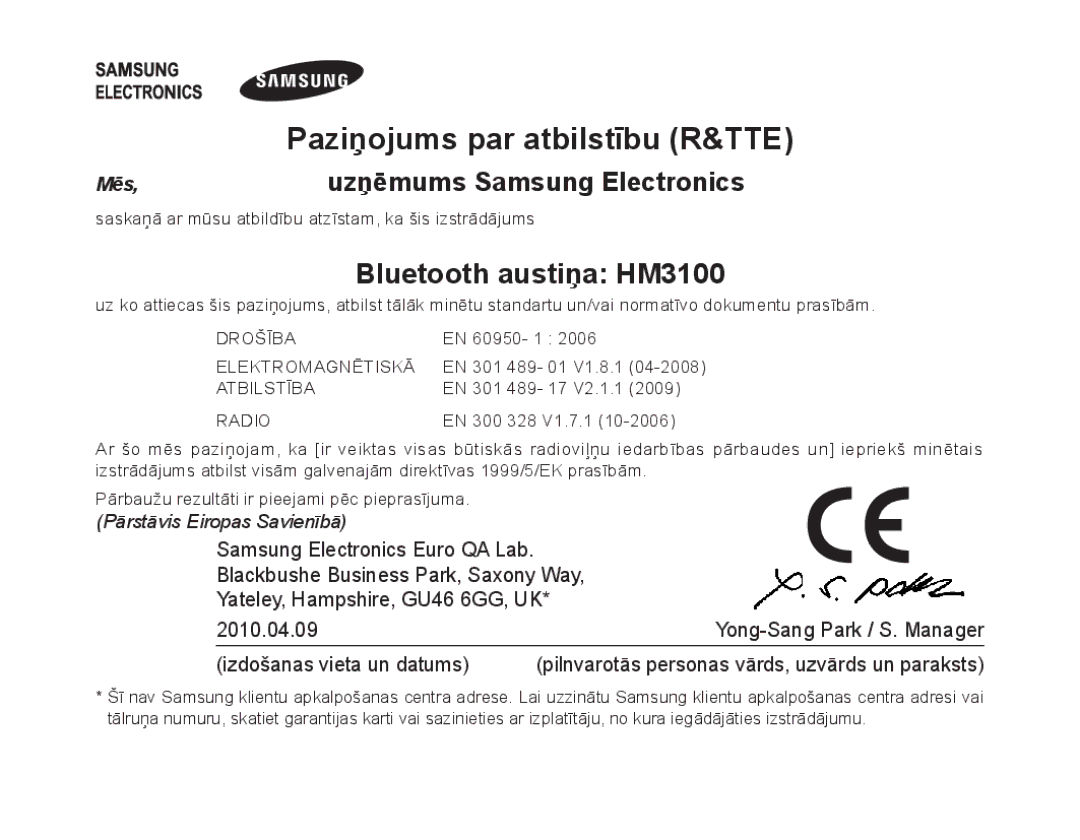 Samsung BHM3100EBECSER manual Bluetooth austiņa HM3100, Mēs,uzņēmums Samsung Electronics 