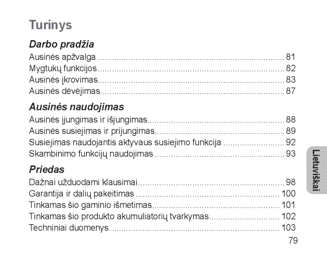 Samsung BHM3100EBECSER manual Turinys, Lietuviškai 