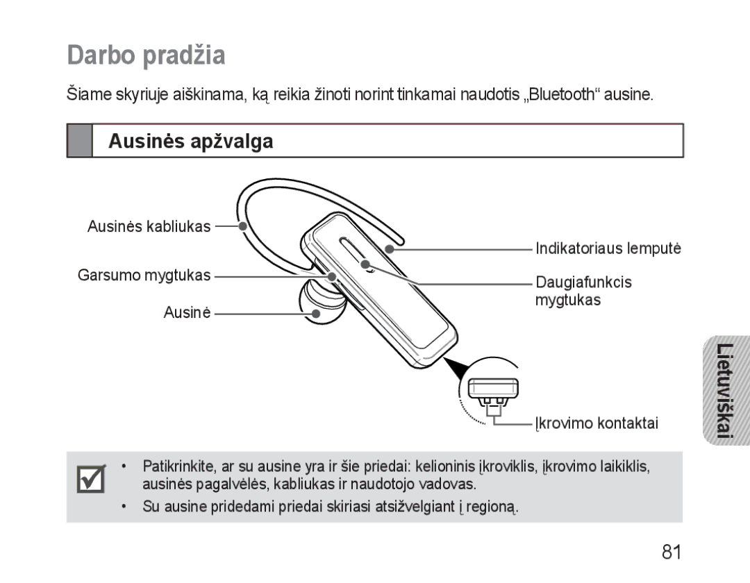 Samsung BHM3100EBECSER manual Darbo pradžia, Ausinės apžvalga 