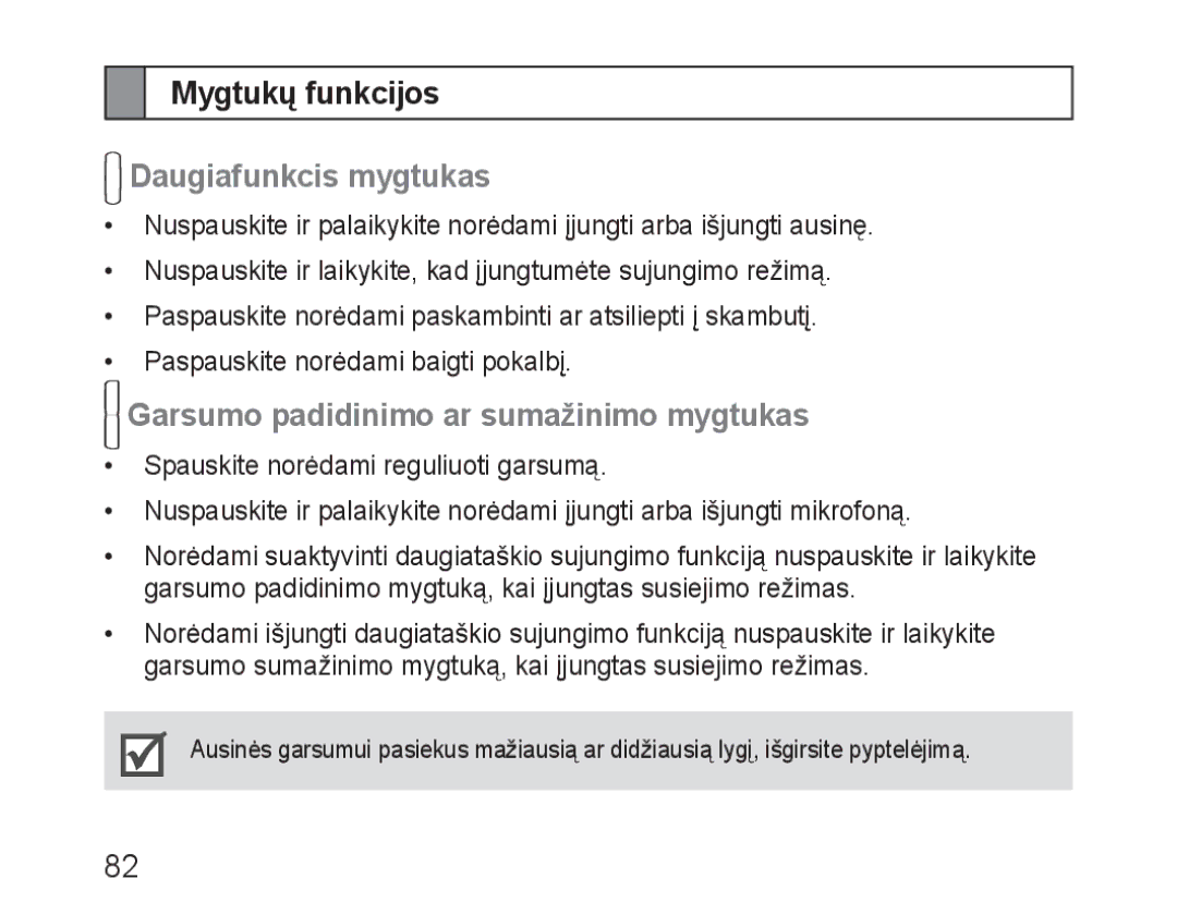 Samsung BHM3100EBECSER manual Mygtukų funkcijos, Daugiafunkcis mygtukas, Garsumo padidinimo ar sumažinimo mygtukas 