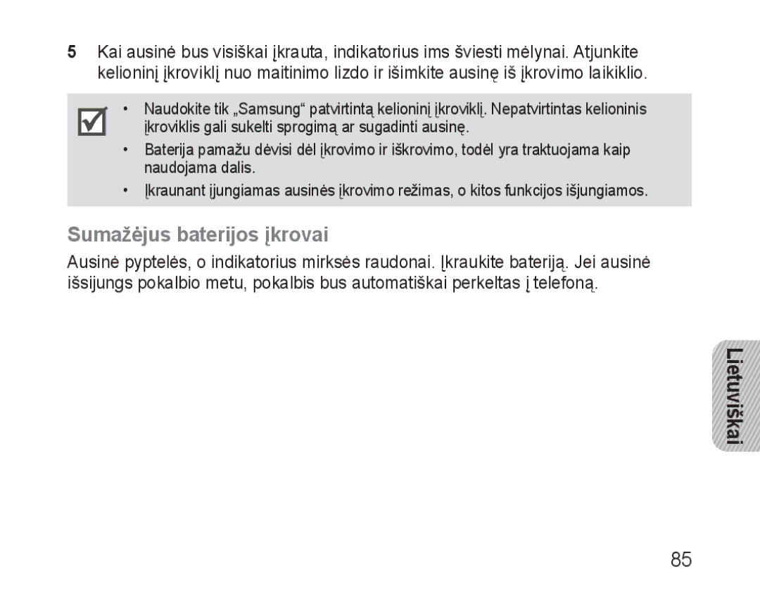 Samsung BHM3100EBECSER manual Sumažėjus baterijos įkrovai, Lietuviškai 