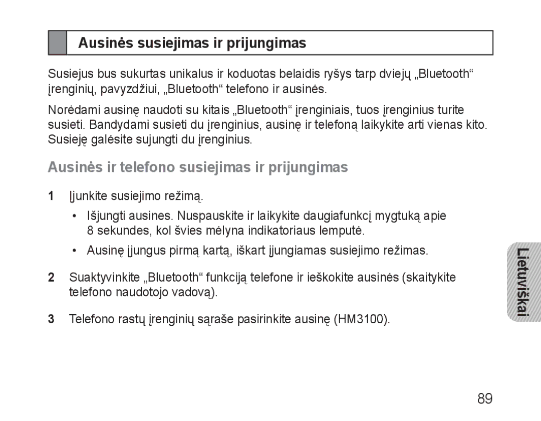 Samsung BHM3100EBECSER manual Ausinės susiejimas ir prijungimas, Ausinės ir telefono susiejimas ir prijungimas 