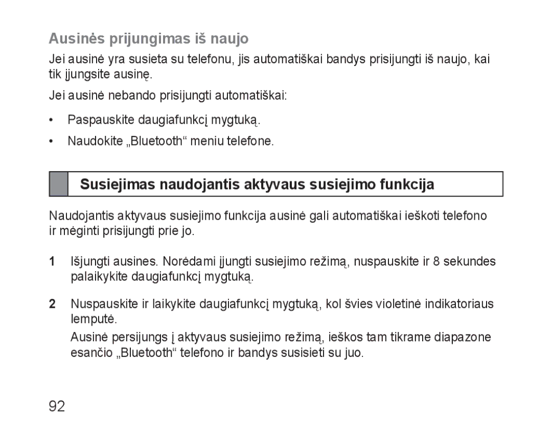 Samsung BHM3100EBECSER manual Ausinės prijungimas iš naujo, Susiejimas naudojantis aktyvaus susiejimo funkcija 