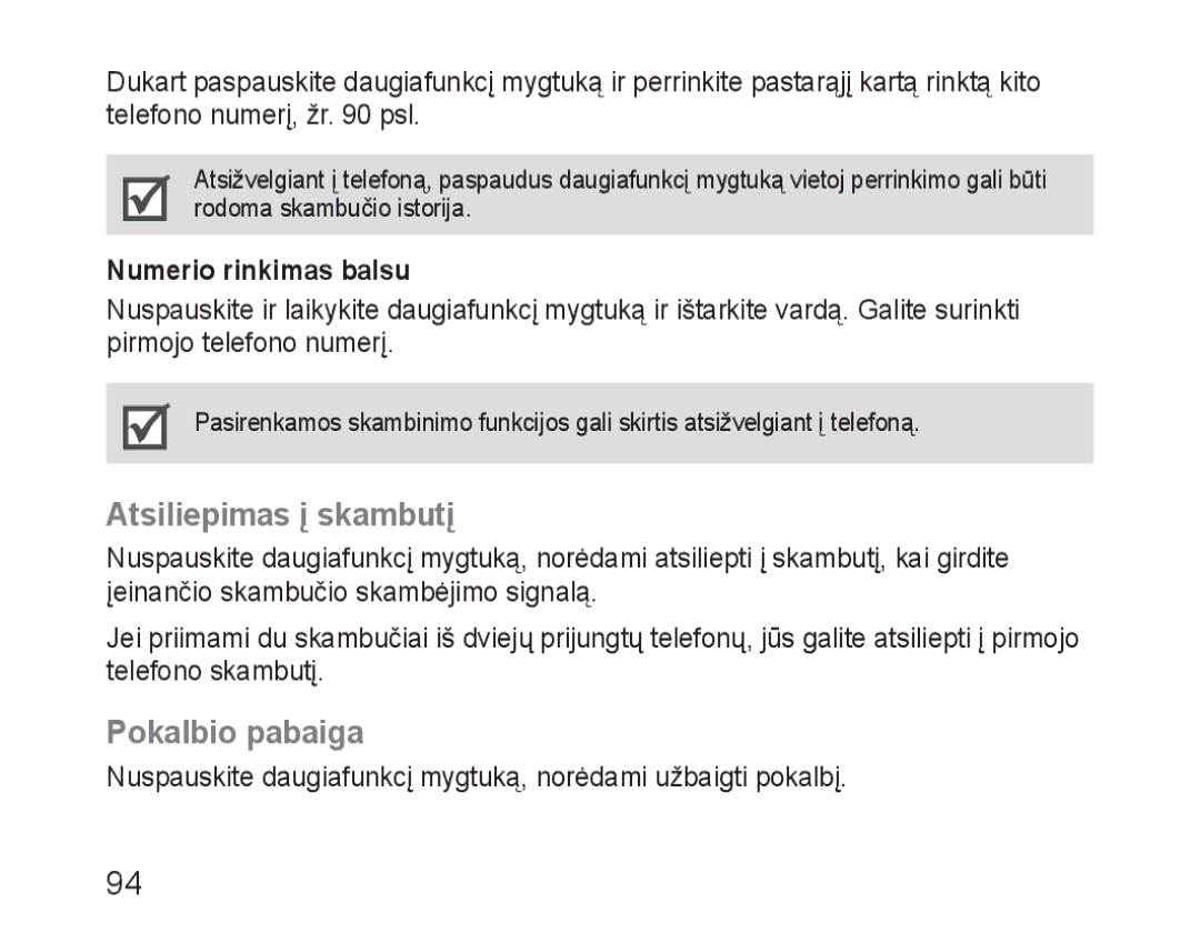 Samsung BHM3100EBECSER manual Atsiliepimas į skambutį, Pokalbio pabaiga, Numerio rinkimas balsu 