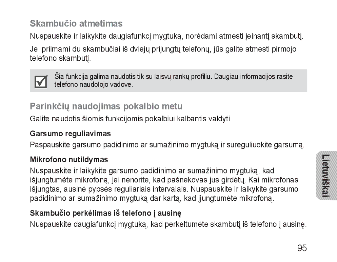 Samsung BHM3100EBECSER Skambučio atmetimas, Parinkčių naudojimas pokalbio metu, Garsumo reguliavimas, Mikrofono nutildymas 