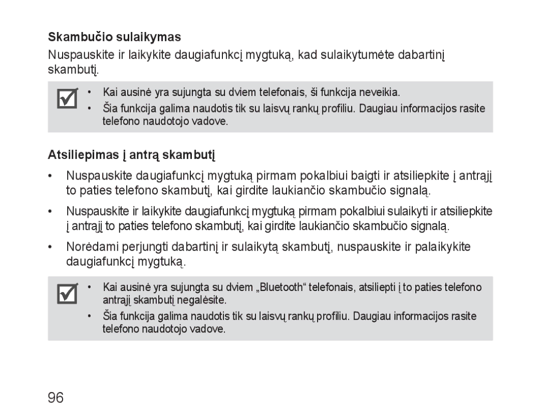 Samsung BHM3100EBECSER manual Skambučio sulaikymas, Atsiliepimas į antrą skambutį 