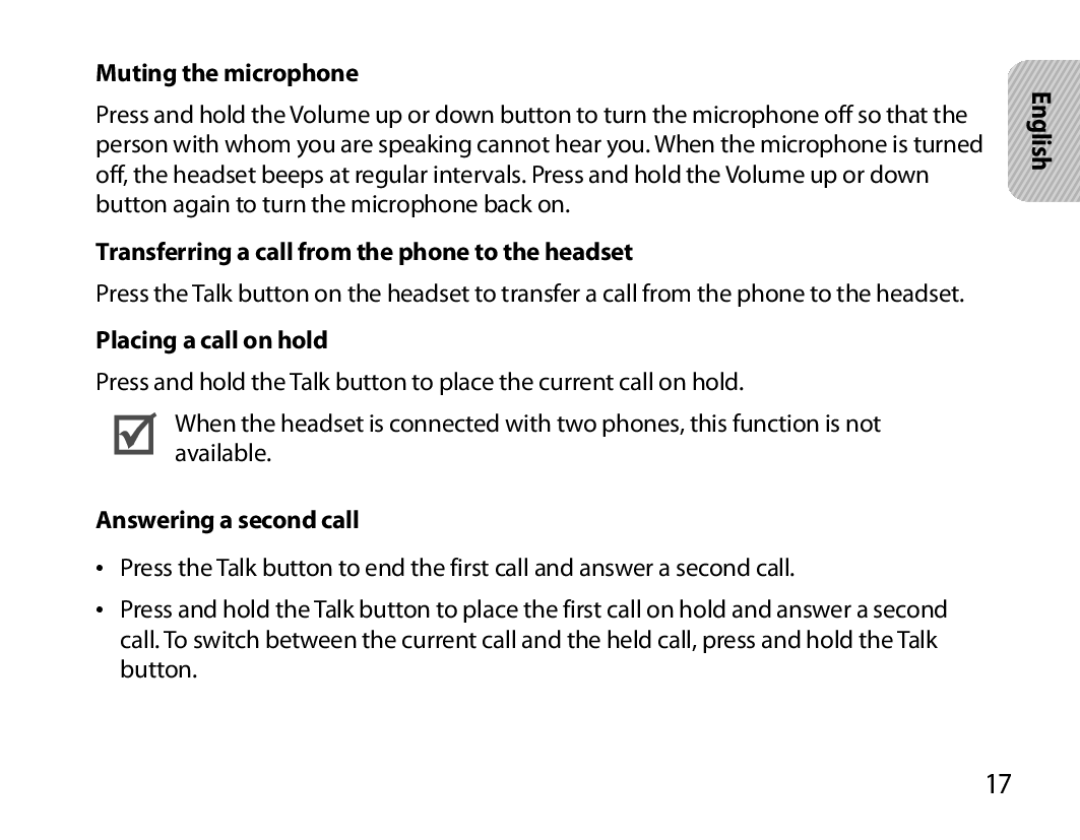 Samsung BHM3100EBECHAT Muting the microphone, Transferring a call from the phone to the headset, Placing a call on hold 