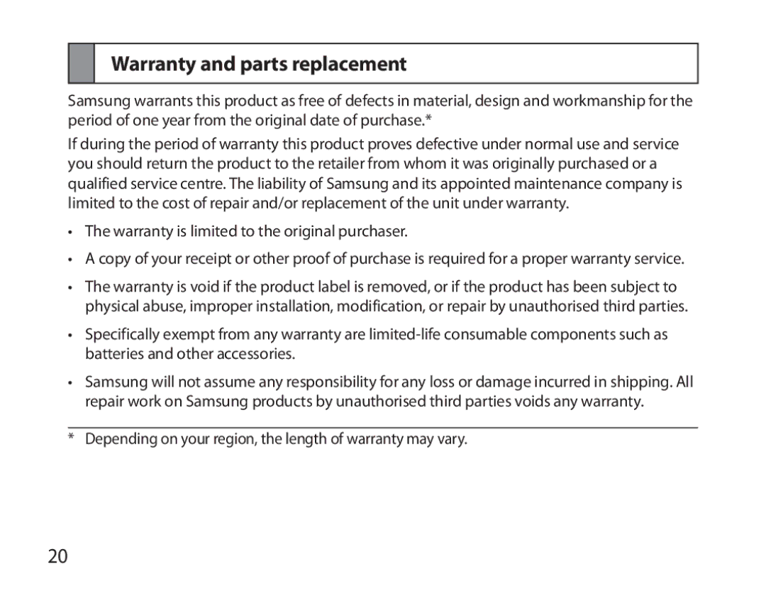 Samsung BHM3100EBECXEV, BHM3100EBECXEF, BHM3100EBECXET, BHM3100EBECXEH, BHM3100EBECHAT manual Warranty and parts replacement 