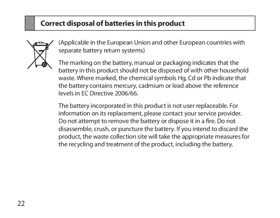 Samsung BHM3100EBECHAT, BHM3100EBECXEF, BHM3100EBECXET, BHM3100EBECXEV manual Correct disposal of batteries in this product 