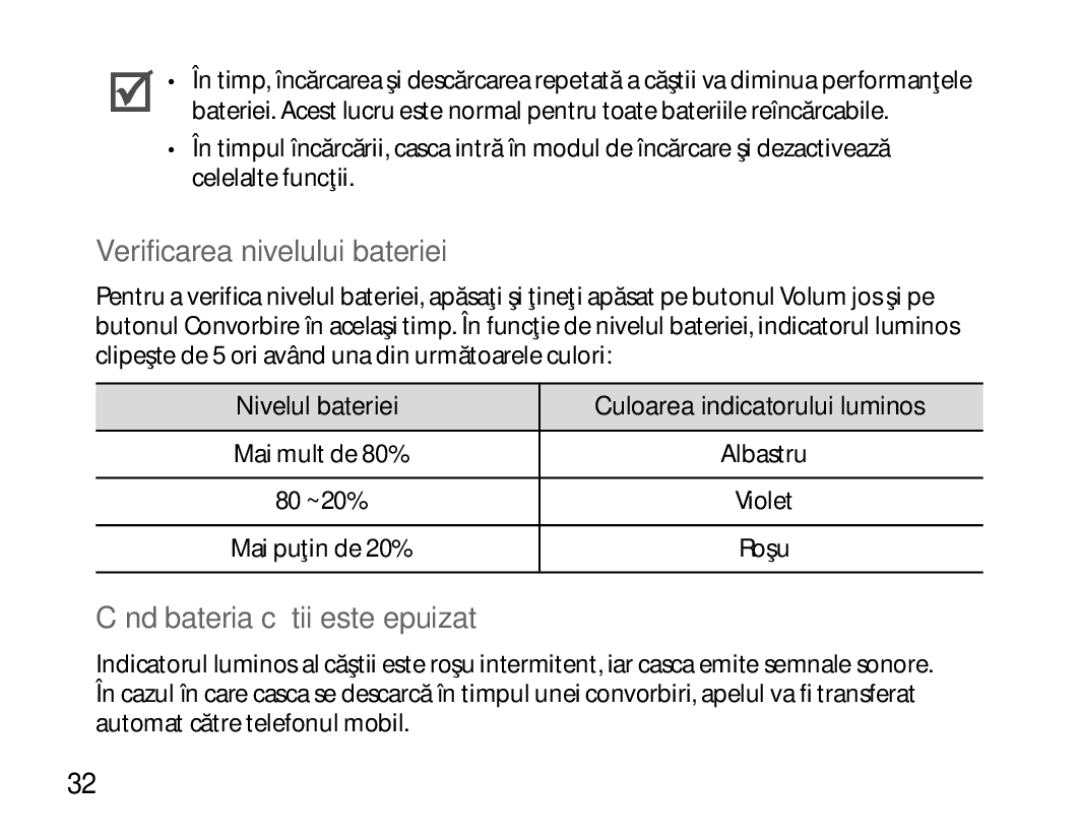 Samsung BHM3100EBECHAT, BHM3100EBECXEF, BHM3100EBECXET Verificarea nivelului bateriei, Când bateria căştii este epuizată 