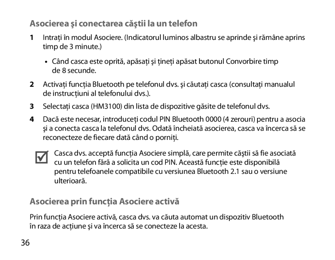 Samsung BHM3100EBECXEH manual Asocierea şi conectarea căştii la un telefon, Asocierea prin funcţia Asociere activă 