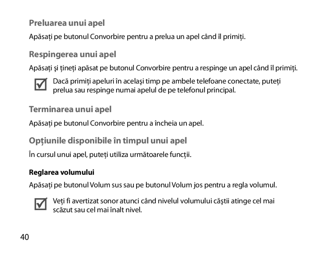 Samsung BHM3100EBECXEV manual Preluarea unui apel, Respingerea unui apel, Terminarea unui apel, Reglarea volumului 