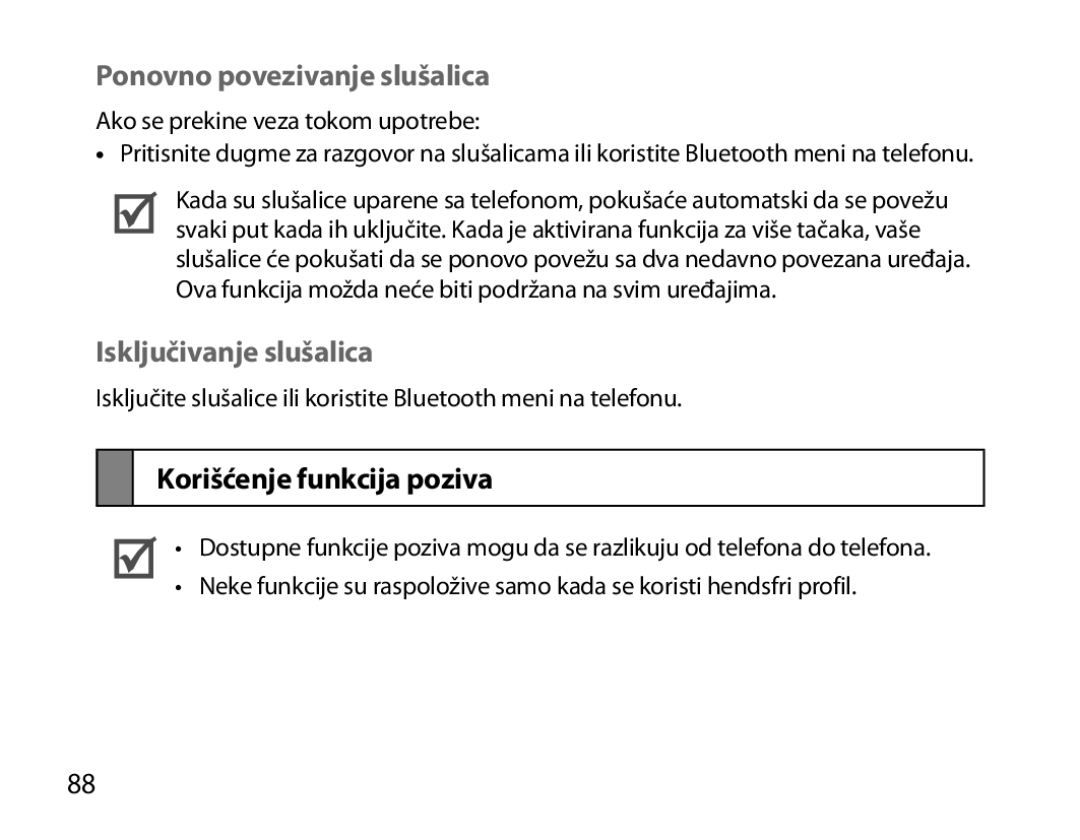 Samsung BHM3100EBECXEF, BHM3100EBECXET Ponovno povezivanje slušalica, Isključivanje slušalica, Korišćenje funkcija poziva 