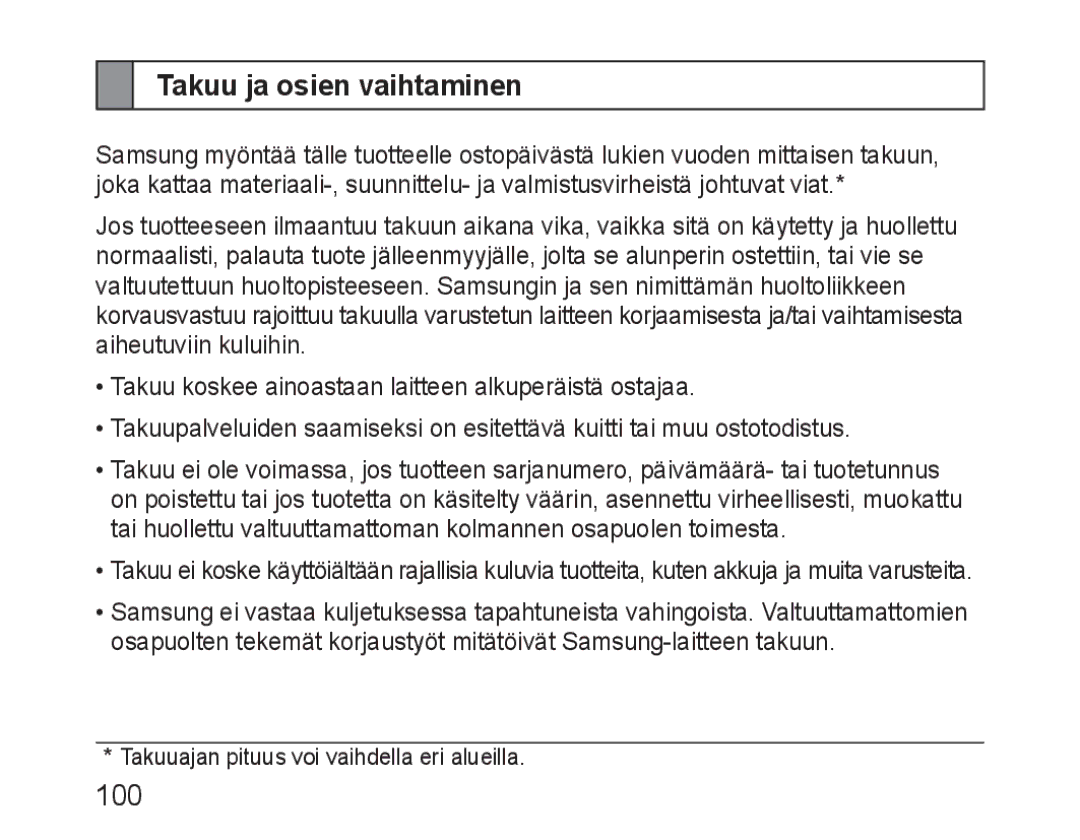 Samsung BHM3100EBECXEV, BHM3100EBECXEF, BHM3100EBECXET, BHM3100EBECXEH, BHM3100EBECHAT manual Takuu ja osien vaihtaminen 