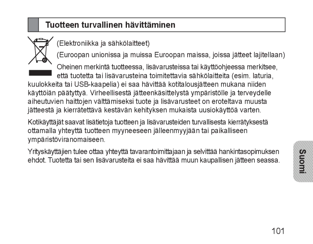 Samsung BHM3100EBECXEH, BHM3100EBECXEF, BHM3100EBECXET, BHM3100EBECXEV, BHM3100EBECHAT manual Tuotteen turvallinen hävittäminen 