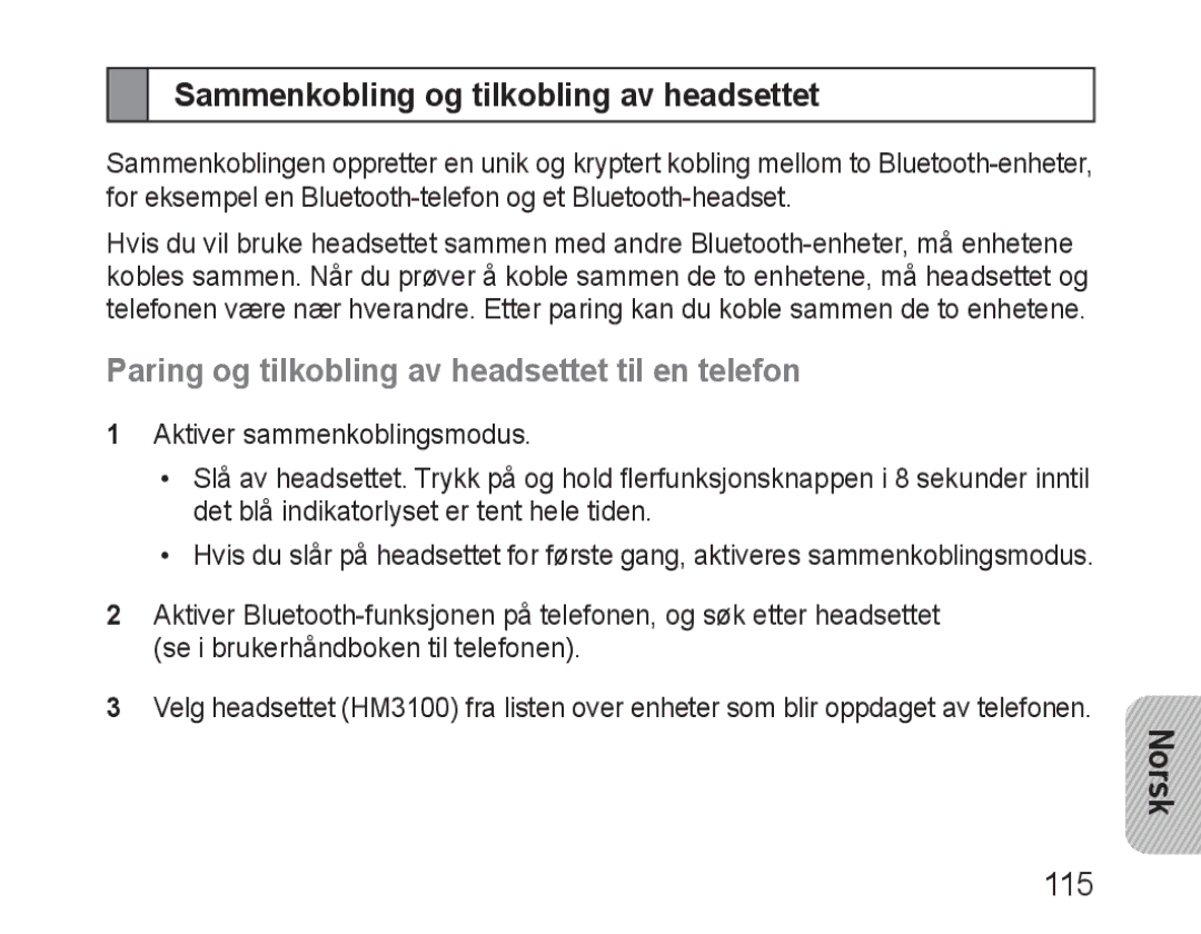 Samsung BHM3100EBECXEV manual Sammenkobling og tilkobling av headsettet, Paring og tilkobling av headsettet til en telefon 