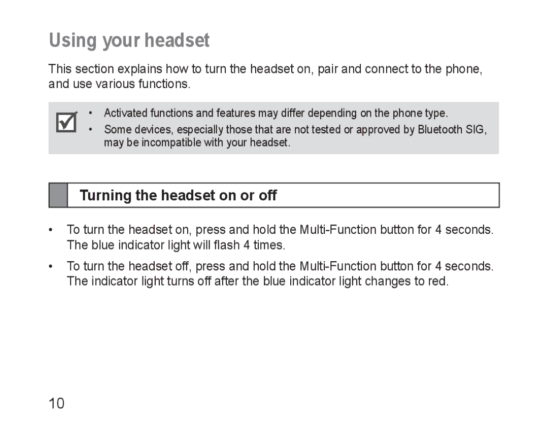 Samsung BHM3100EBECXEV, BHM3100EBECXEF, BHM3100EBECXET, BHM3100EBECXEH Using your headset, Turning the headset on or off 