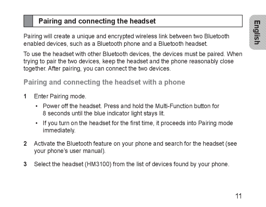 Samsung BHM3100EBECXEH, BHM3100EBECXEF, BHM3100EBECXET, BHM3100EBECXEV Pairing and connecting the headset with a phone 