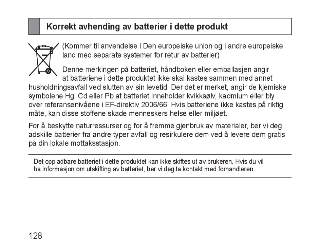 Samsung BHM3100EBECXEF, BHM3100EBECXET, BHM3100EBECXEV, BHM3100EBECXEH manual Korrekt avhending av batterier i dette produkt 