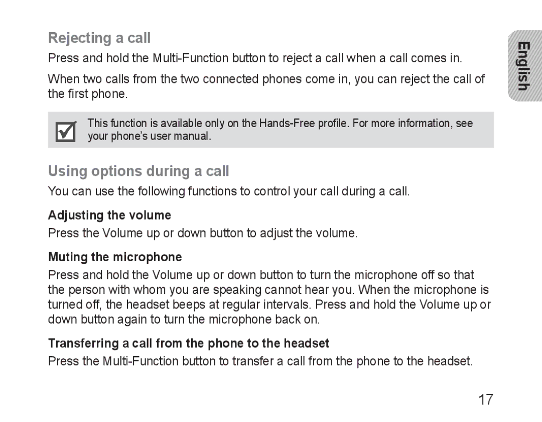 Samsung BHM3100EBECHAT manual Rejecting a call, Using options during a call, Adjusting the volume, Muting the microphone 