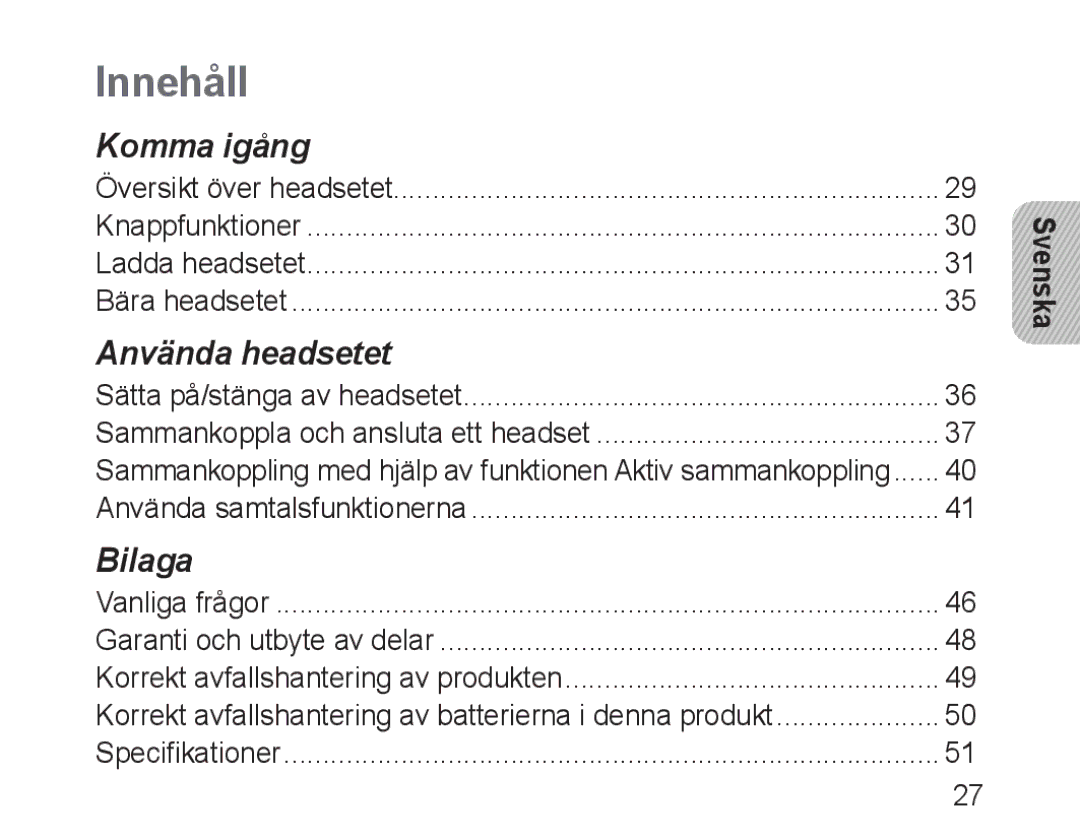 Samsung BHM3100EBECHAT, BHM3100EBECXEF, BHM3100EBECXET, BHM3100EBECXEV, BHM3100EBECXEH manual Innehåll, Svenska 