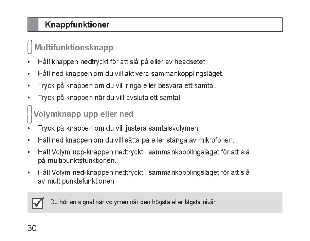 Samsung BHM3100EBECXEV, BHM3100EBECXEF, BHM3100EBECXET manual Knappfunktioner, Multifunktionsknapp, Volymknapp upp eller ned 