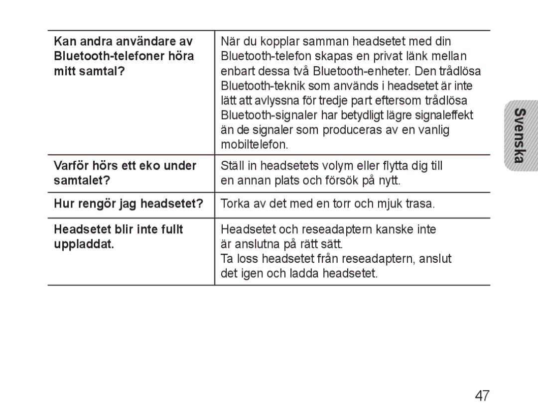 Samsung BHM3100EBECHAT manual Kan andra användare av, Bluetooth-telefoner höra, Mitt samtal?, Varför hörs ett eko under 