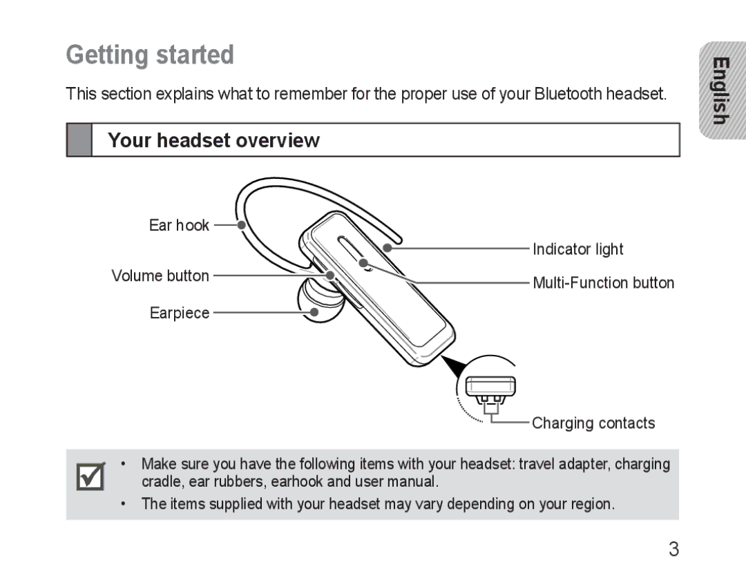 Samsung BHM3100EBECXEF, BHM3100EBECXET, BHM3100EBECXEV, BHM3100EBECXEH manual Getting started, Your headset overview English 