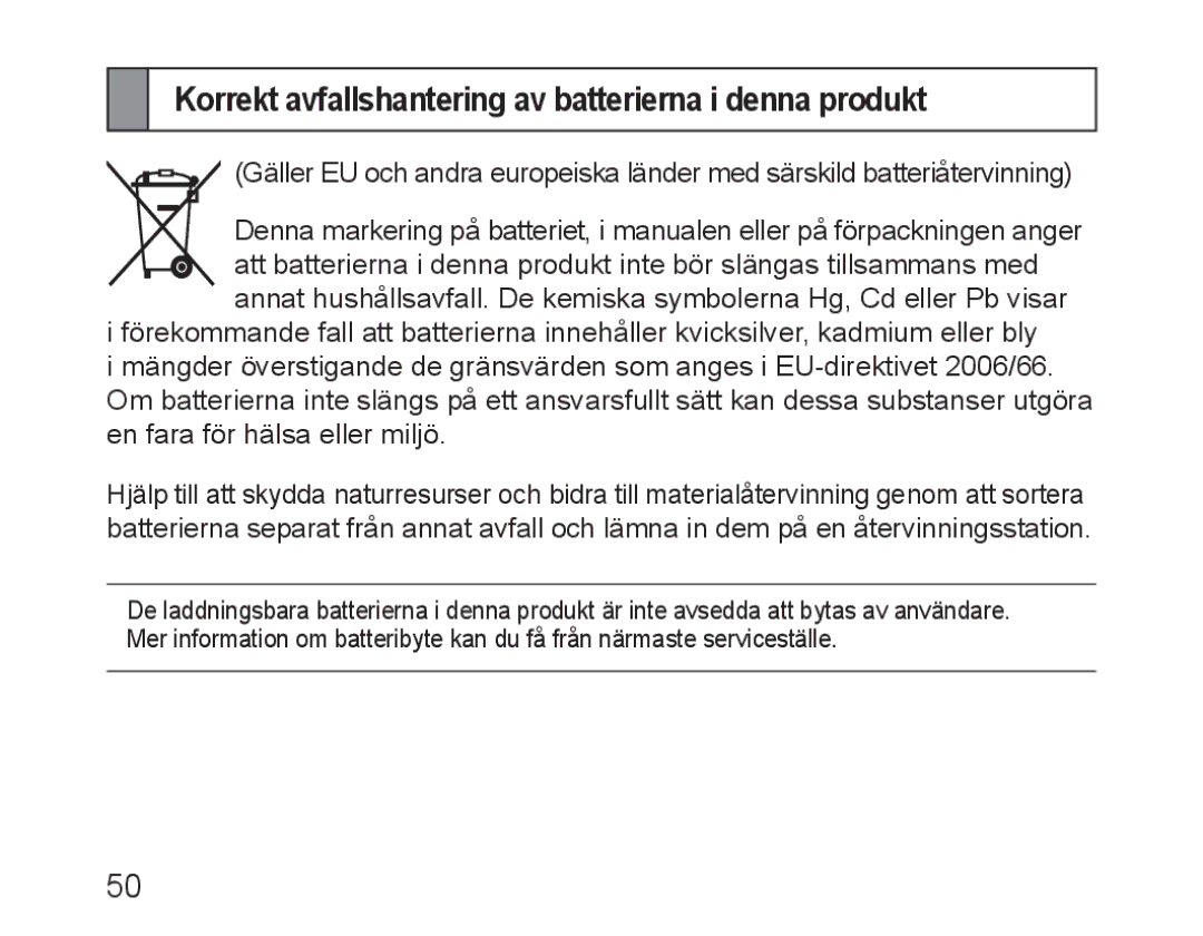 Samsung BHM3100EBECXEV, BHM3100EBECXEF, BHM3100EBECXET manual Korrekt avfallshantering av batterierna i denna produkt 