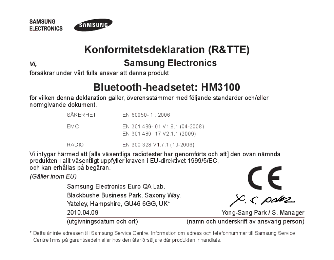 Samsung BHM3100EBECHAT, BHM3100EBECXEF, BHM3100EBECXET, BHM3100EBECXEV, BHM3100EBECXEH manual Bluetooth-headsetet HM3100 