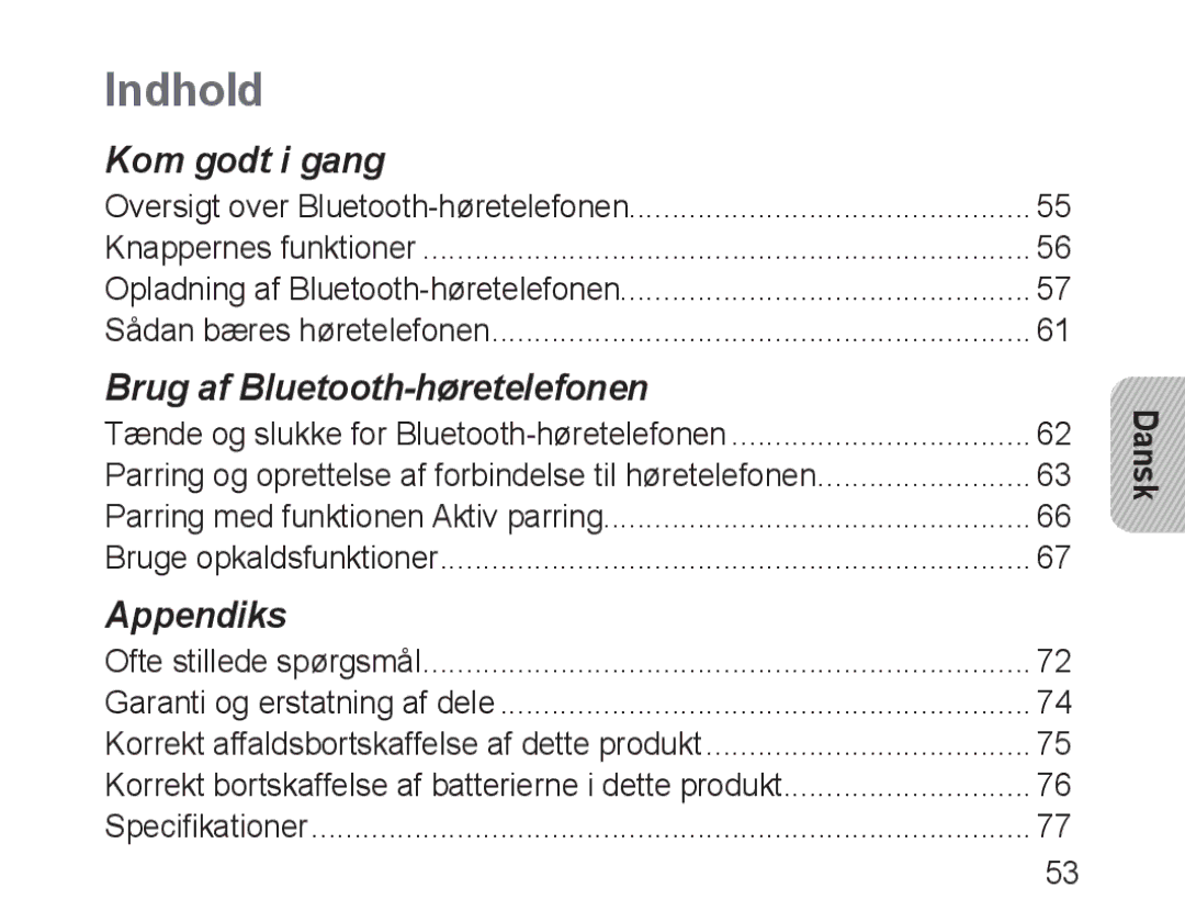 Samsung BHM3100EBECXEF, BHM3100EBECXET, BHM3100EBECXEV, BHM3100EBECXEH, BHM3100EBECHAT manual Indhold, Dansk 