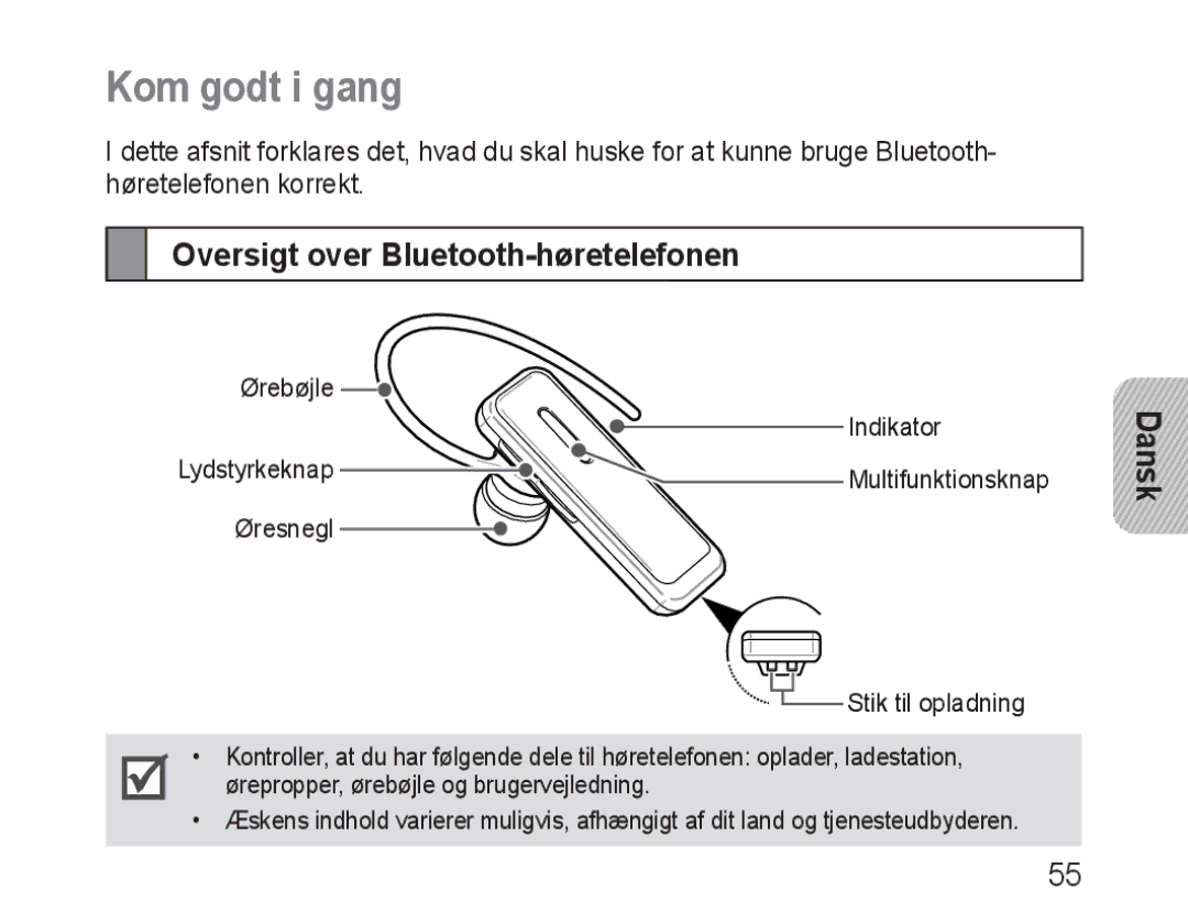 Samsung BHM3100EBECXEV, BHM3100EBECXEF, BHM3100EBECXET manual Kom godt i gang, Oversigt over Bluetooth-høretelefonen 