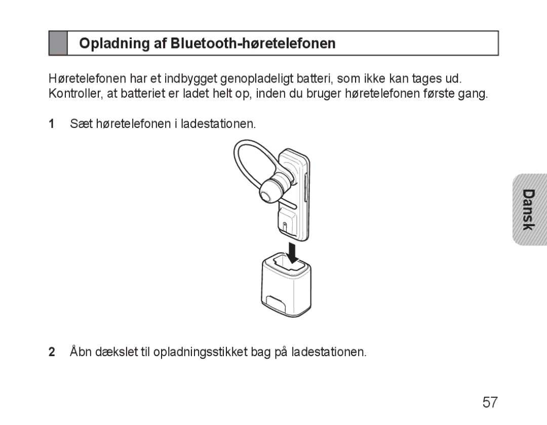 Samsung BHM3100EBECHAT, BHM3100EBECXEF, BHM3100EBECXET, BHM3100EBECXEV, BHM3100EBECXEH Opladning af Bluetooth-høretelefonen 