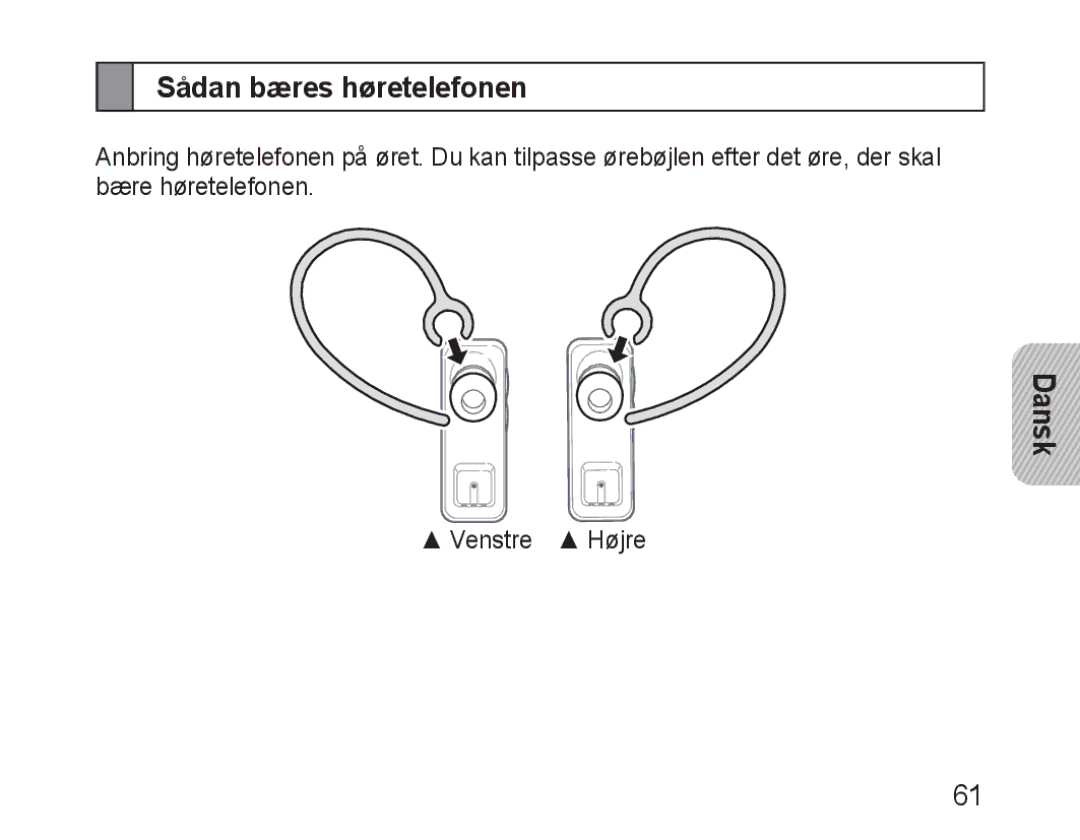 Samsung BHM3100EBECXEH, BHM3100EBECXEF, BHM3100EBECXET, BHM3100EBECXEV, BHM3100EBECHAT manual Sådan bæres høretelefonen 