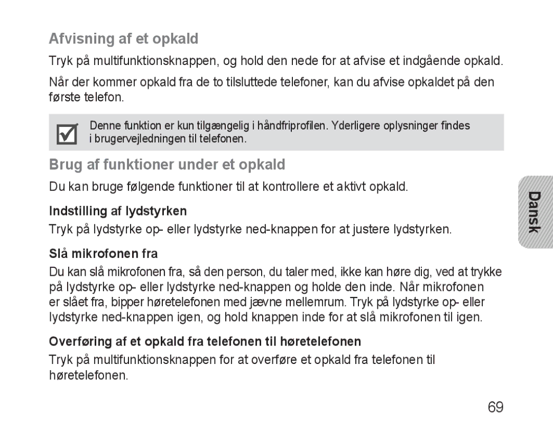 Samsung BHM3100EBECXET manual Afvisning af et opkald, Brug af funktioner under et opkald, Indstilling af lydstyrken 