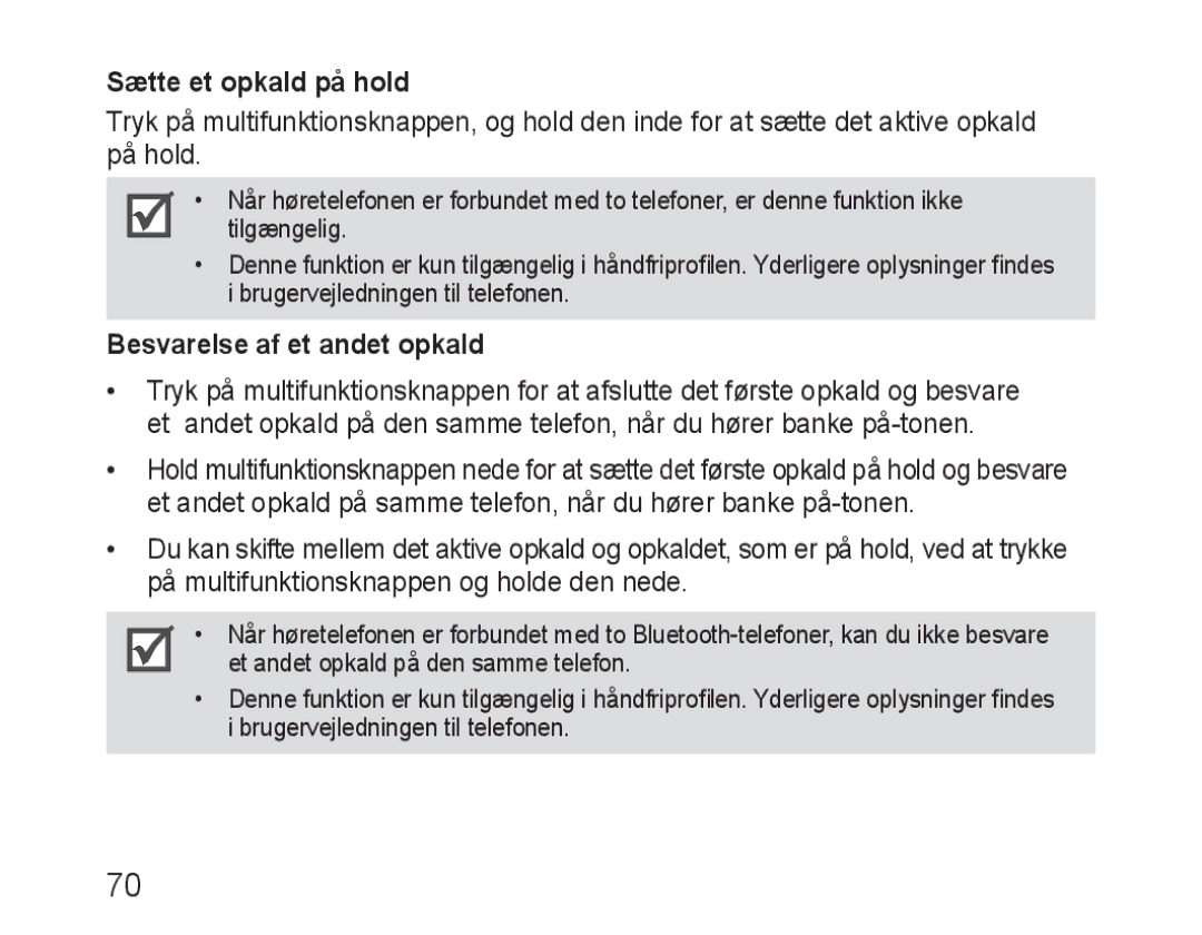 Samsung BHM3100EBECXEV, BHM3100EBECXEF, BHM3100EBECXET manual Sætte et opkald på hold, Besvarelse af et andet opkald 