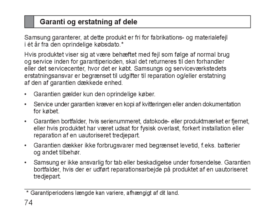 Samsung BHM3100EBECXET, BHM3100EBECXEF, BHM3100EBECXEV, BHM3100EBECXEH, BHM3100EBECHAT manual Garanti og erstatning af dele 