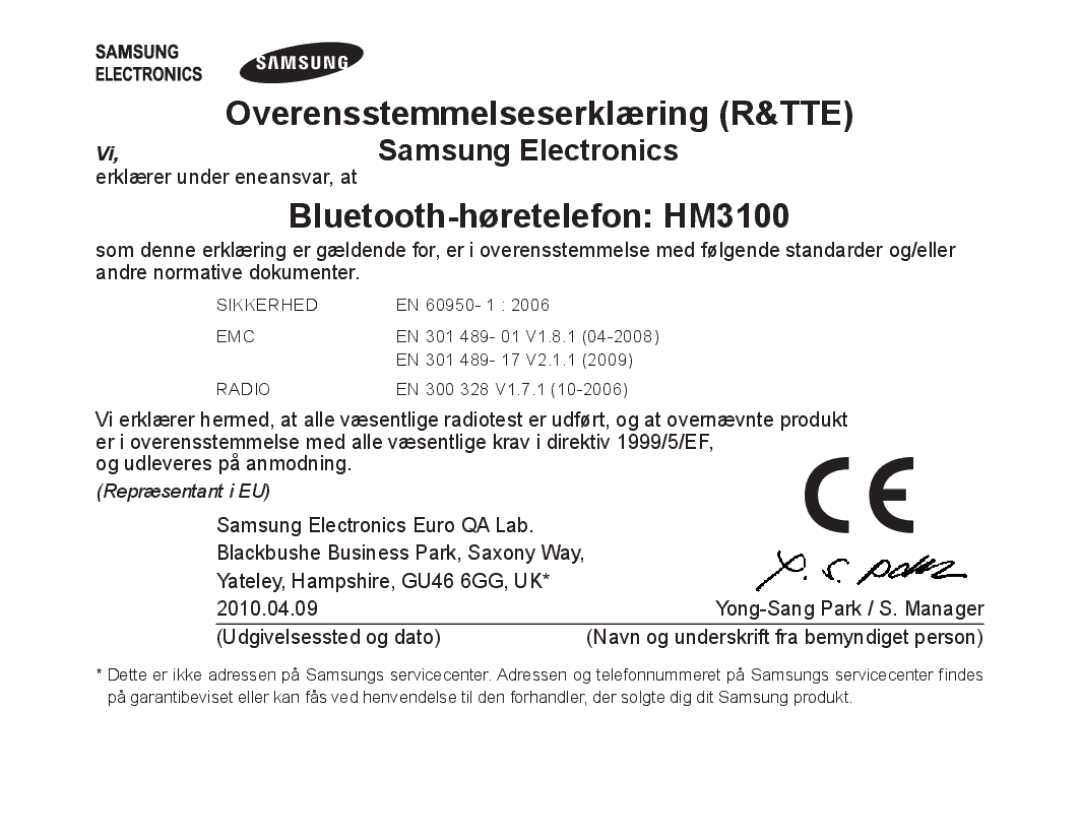 Samsung BHM3100EBECXEF, BHM3100EBECXET, BHM3100EBECXEV, BHM3100EBECXEH, BHM3100EBECHAT manual Bluetooth-høretelefon HM3100 