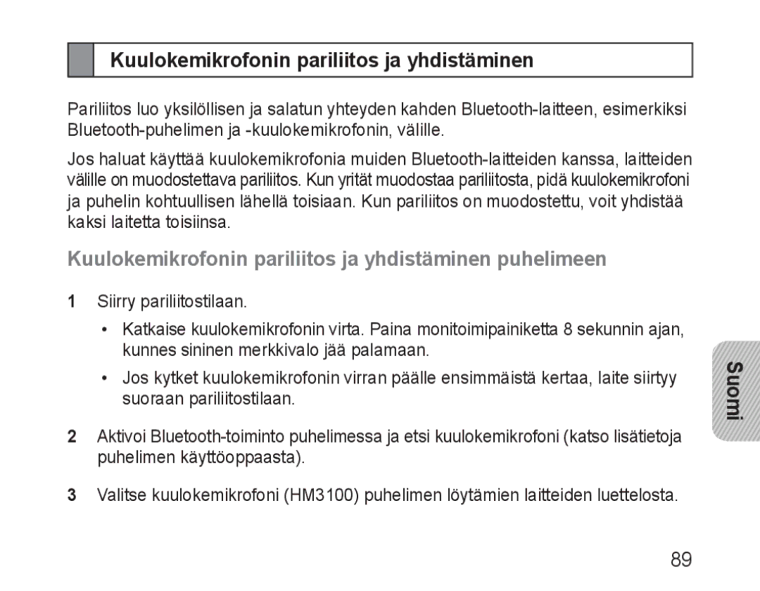 Samsung BHM3100EBECXET, BHM3100EBECXEF, BHM3100EBECXEV, BHM3100EBECXEH manual Kuulokemikrofonin pariliitos ja yhdistäminen 