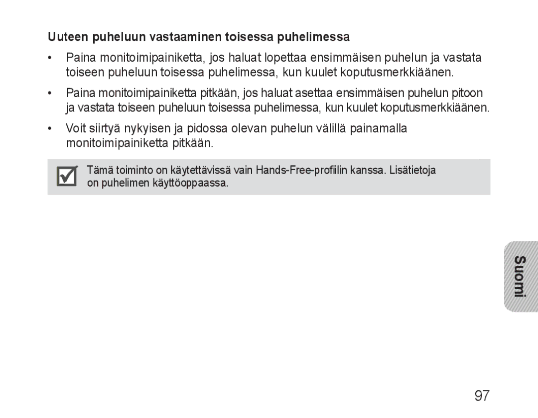 Samsung BHM3100EBECHAT, BHM3100EBECXEF, BHM3100EBECXET, BHM3100EBECXEV manual Uuteen puheluun vastaaminen toisessa puhelimessa 