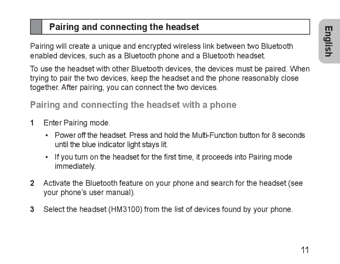 Samsung BHM3100EBECXEH, BHM3100EBECXEF, BHM3100EBECXET, BHM3100EBECXEV Pairing and connecting the headset with a phone 