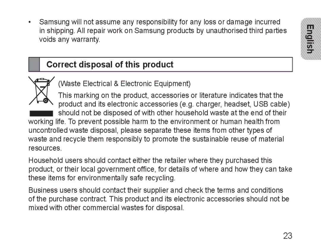 Samsung BHM3100EBECXEF, BHM3100EBECXET manual Correct disposal of this product, Waste Electrical & Electronic Equipment 