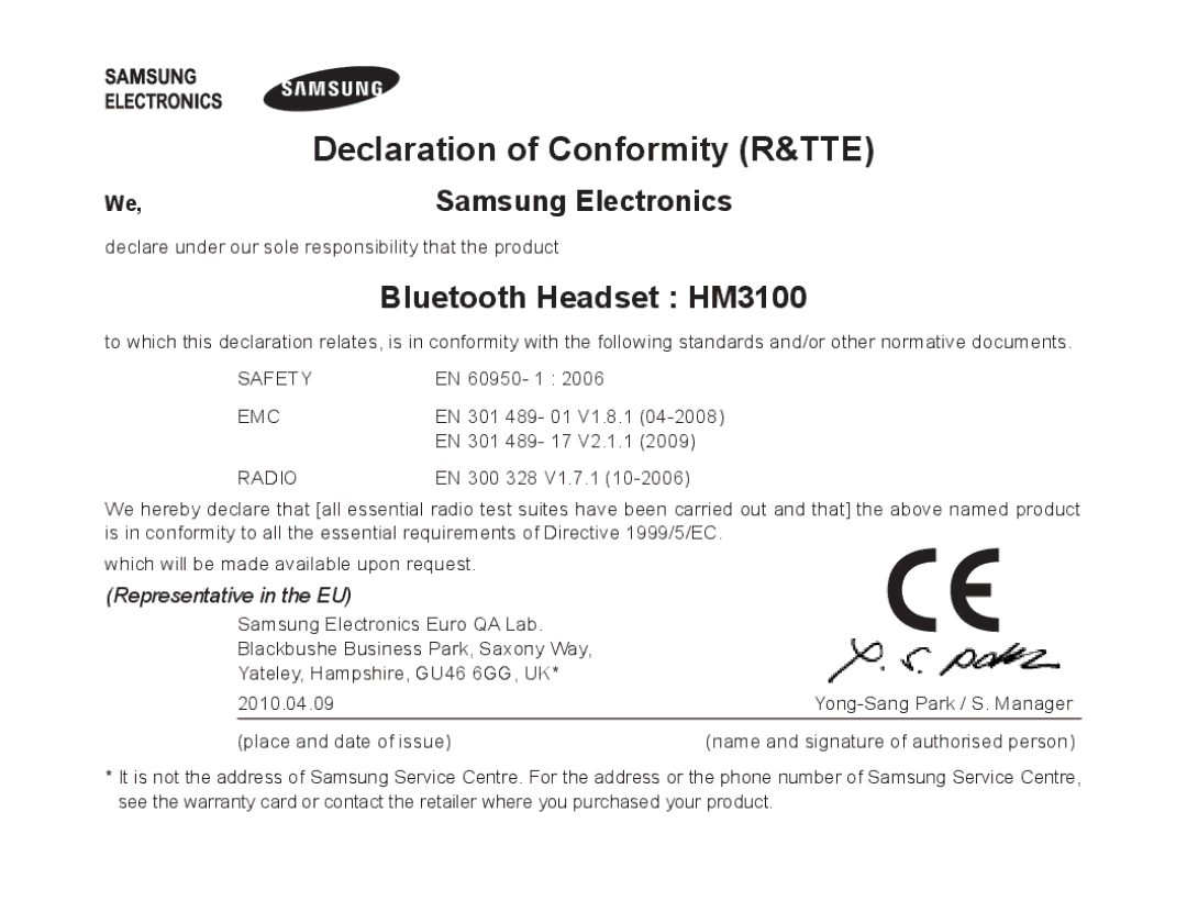 Samsung BHM3100EBECXEH, BHM3100EBECXEF manual Declaration of Conformity R&TTE, Bluetooth Headset HM3100, Samsung Electronics 