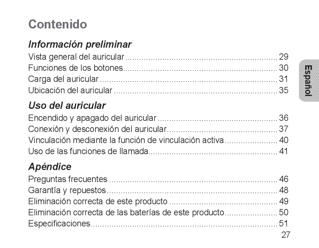 Samsung BHM3100EBECHAT, BHM3100EBECXEF, BHM3100EBECXET, BHM3100EBECXEV, BHM3100EBECXEH manual Contenido, Español 