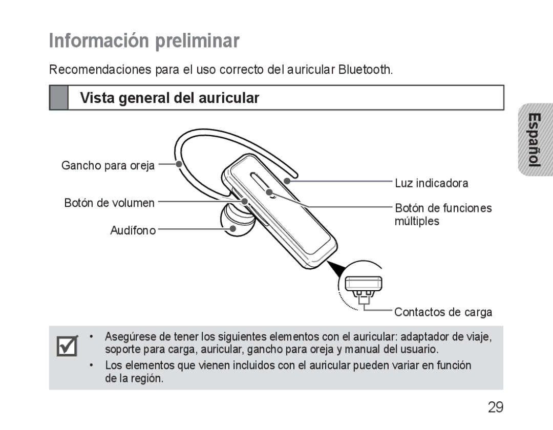 Samsung BHM3100EBECXET, BHM3100EBECXEF, BHM3100EBECXEV, BHM3100EBECXEH Información preliminar, Vista general del auricular 