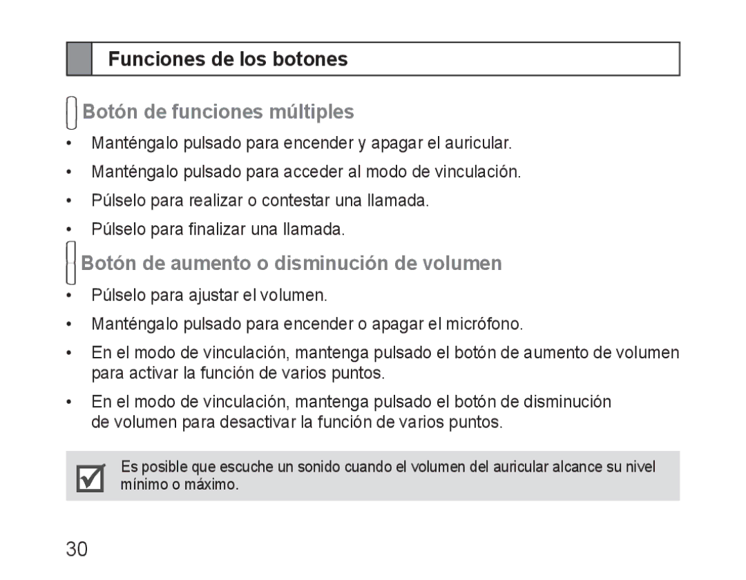 Samsung BHM3100EBECXEV Funciones de los botones, Botón de funciones múltiples, Botón de aumento o disminución de volumen 